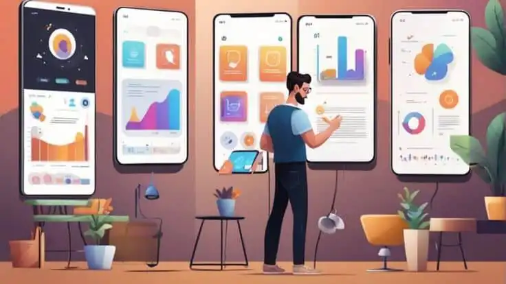 Man analyzing data on large smartphone screens with colorful graphs and charts in a creative workspace setting.