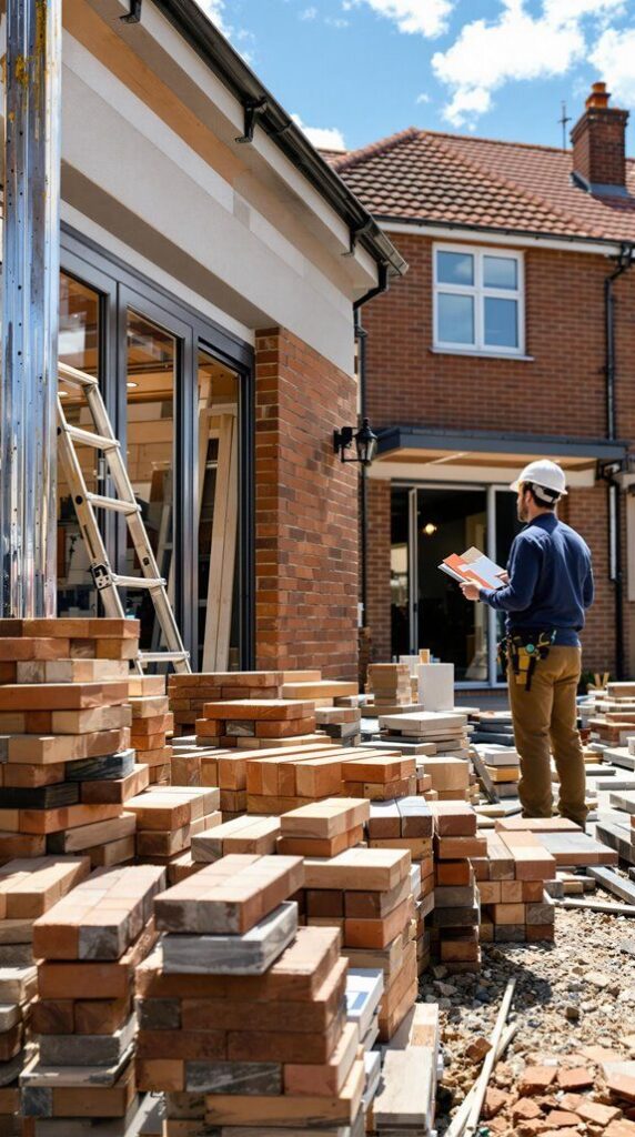UK Home Extension Costs in 2025_ The Ultimate Price Breakdown Construction site with worker assessing building plans amidst brick stacks, exterior home renovation in progress under clear sky. | Sky Rye Design Construction site with worker assessing building plans amidst brick stacks, exterior home renovation in progress under clear sky.