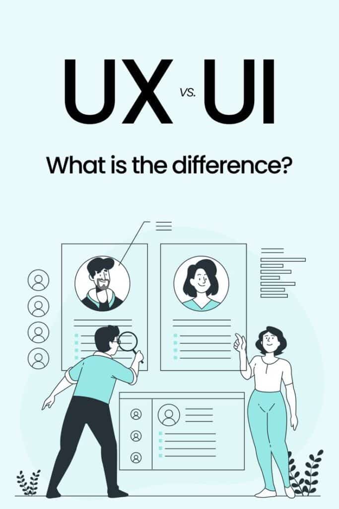 UX vs UI What is the difference_ Illustration comparing UX vs UI, with people analyzing profiles, highlighting differences in user experience and user interface design. | Sky Rye Design Illustration comparing UX vs UI, with people analyzing profiles, highlighting differences in user experience and user interface design.