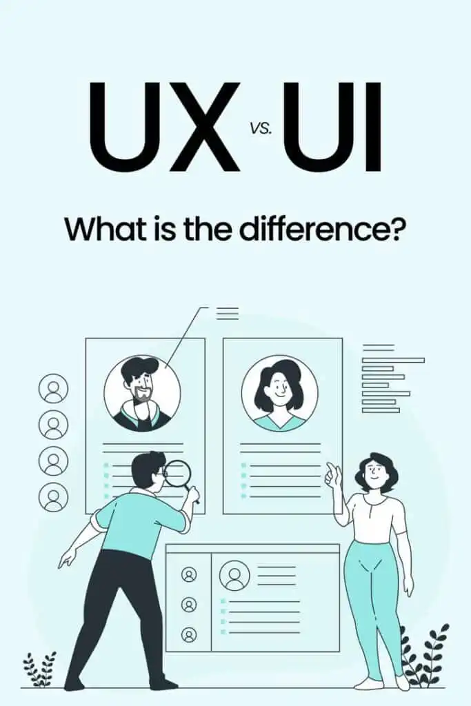 Illustration comparing UX vs UI, with people analyzing profiles, highlighting differences in user experience and user interface design.