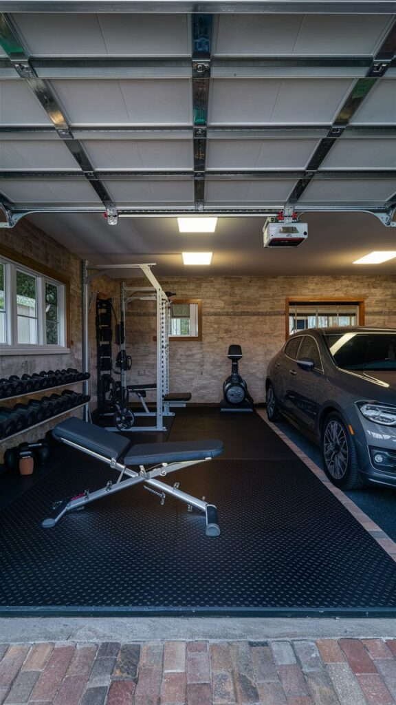 Ultimate Garage Home Gym Transformation Home gym setup in a garage with weight bench, dumbbells, squat rack, rower, and parked car. Perfect for fitness enthusiasts. | Sky Rye Design Home gym setup in a garage with weight bench, dumbbells, squat rack, rower, and parked car. Perfect for fitness enthusiasts.