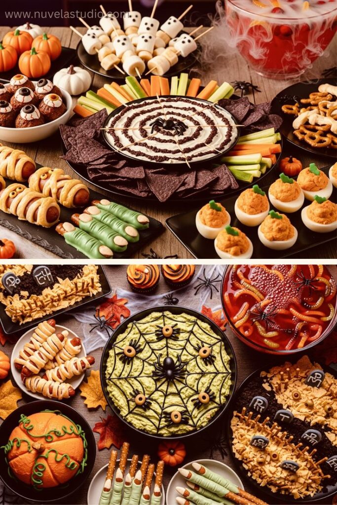 Neutral Modern Blogging Pinterest Pin - 1 Spooky Halloween party snacks and treats, featuring creepy deviled eggs, mummy hot dogs, and spider web dip with decorative touches. | Sky Rye Design Spooky Halloween party snacks and treats, featuring creepy deviled eggs, mummy hot dogs, and spider web dip with decorative touches.