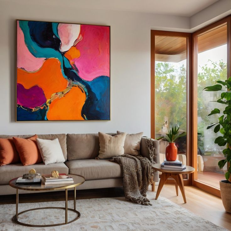 Modern living room with vibrant abstract painting, beige sofa with colorful pillows, round coffee table, and large windows. Cozy and stylish.