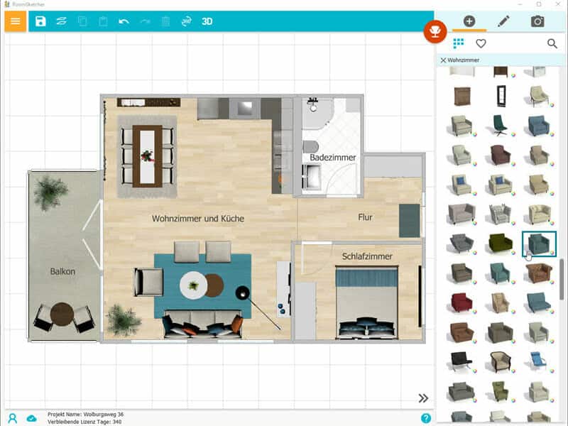 Umfangreiche-Moeblierungsoptionen 3D apartment floor plan with labeled rooms: living room, kitchen, bedroom, bathroom, balcony; furniture selection options on the side. | Sky Rye Design 3D apartment floor plan with labeled rooms: living room, kitchen, bedroom, bathroom, balcony; furniture selection options on the side.