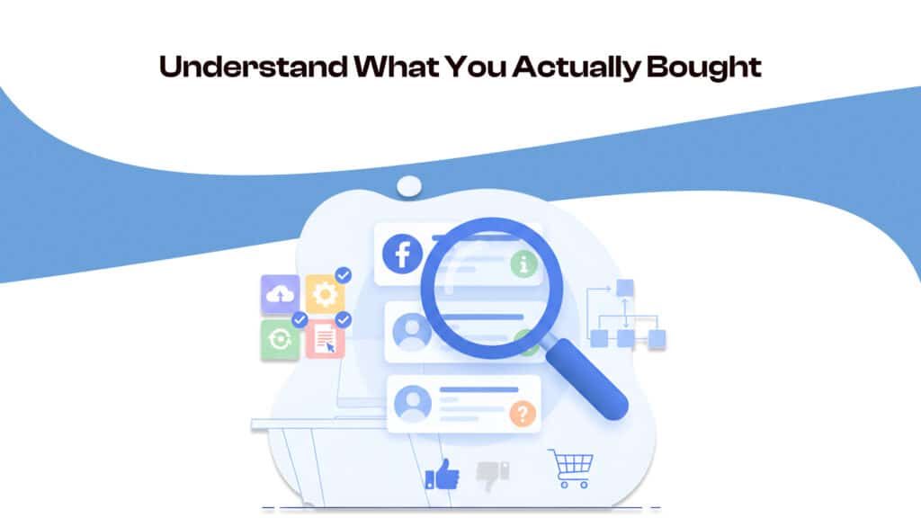 Understand What You Actually Bought Illustration with magnifying glass over social media icons emphasizes understanding purchases, data flow, and online shopping insights. | Sky Rye Design Illustration with magnifying glass over social media icons emphasizes understanding purchases, data flow, and online shopping insights.