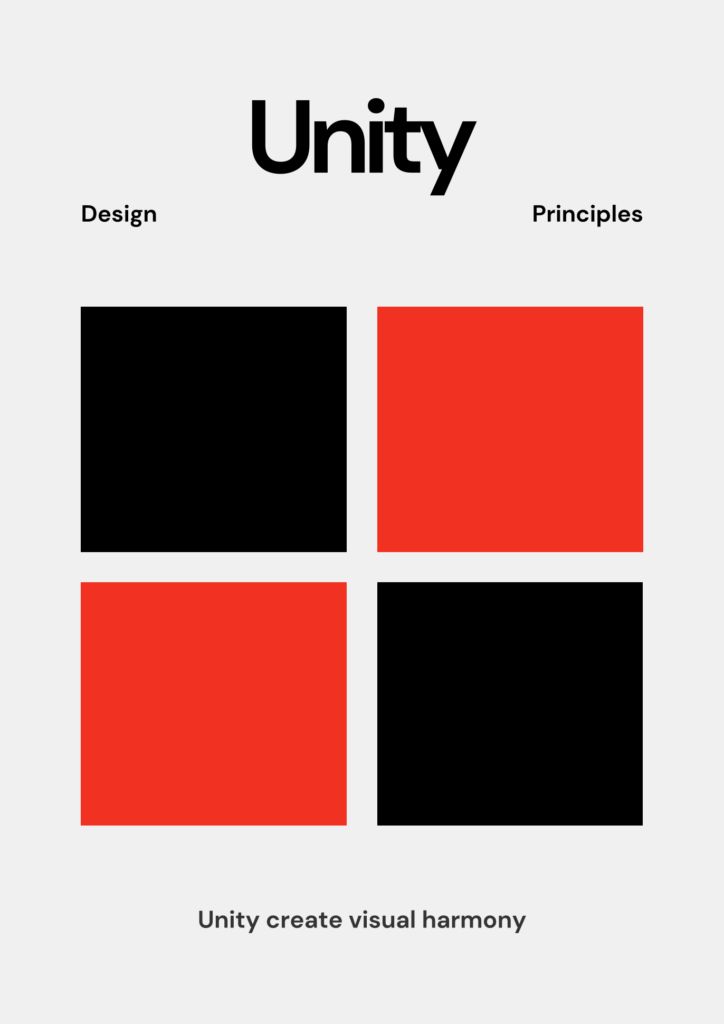 Unity 1 Unity design principles: Four squares in black and red illustrate visual harmony concepts on a minimalist white background. | Sky Rye Design Unity design principles: Four squares in black and red illustrate visual harmony concepts on a minimalist white background.