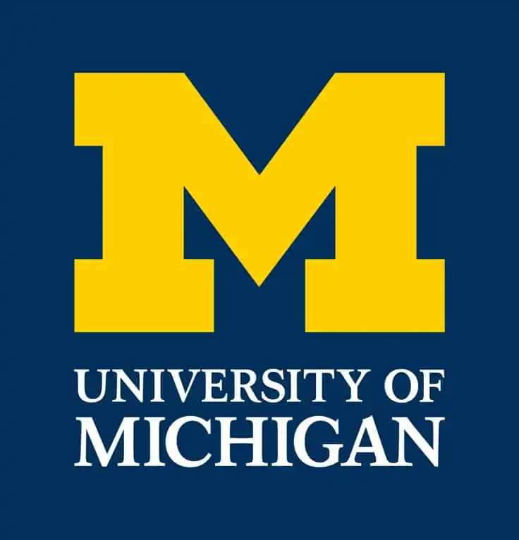 Yellow M logo of the University of Michigan on a dark blue background, symbolizing academic excellence and school pride.