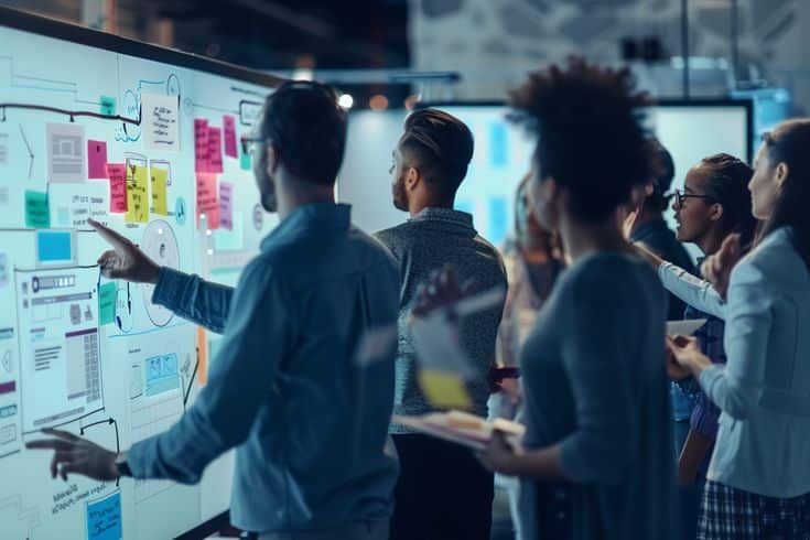 _Unlock Seamless UX_ Essential Tips for Extraordinary Interaction Design_ Team collaborating on a project with a digital whiteboard, using sticky notes and charts in a modern office environment. | Sky Rye Design Team collaborating on a project with a digital whiteboard, using sticky notes and charts in a modern office environment.