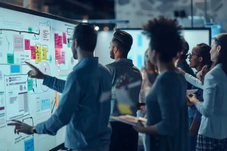 Team collaborating on a project with a digital whiteboard, using sticky notes and charts in a modern office environment.