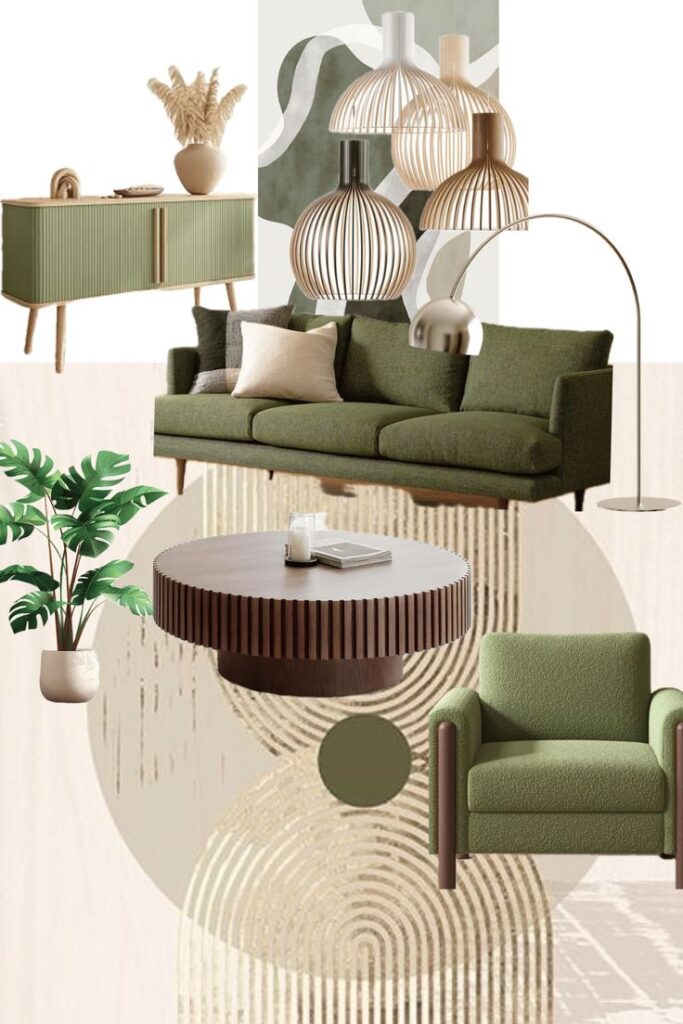 Modern living room design with green sofa, armchair, round wooden coffee table, pendant lamps, console, and decorative plant in neutral tones.