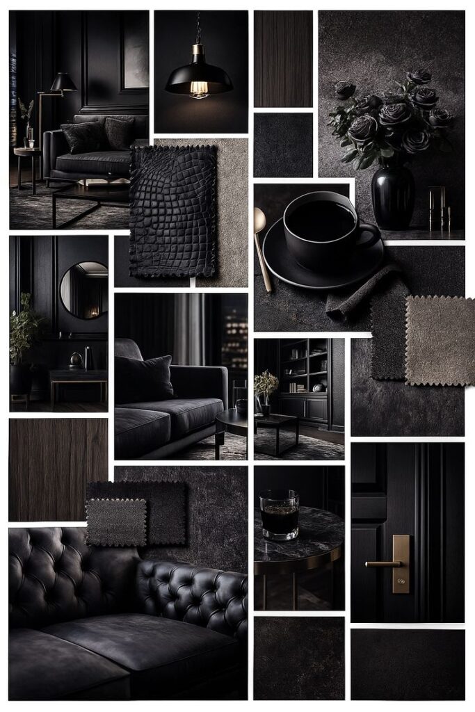 Urban Noir Elegance Collage of dark interior design elements: sofas, fabric samples, a cup, roses, and lighting, creating a moody and sophisticated atmosphere. | Sky Rye Design Collage of dark interior design elements: sofas, fabric samples, a cup, roses, and lighting, creating a moody and sophisticated atmosphere.