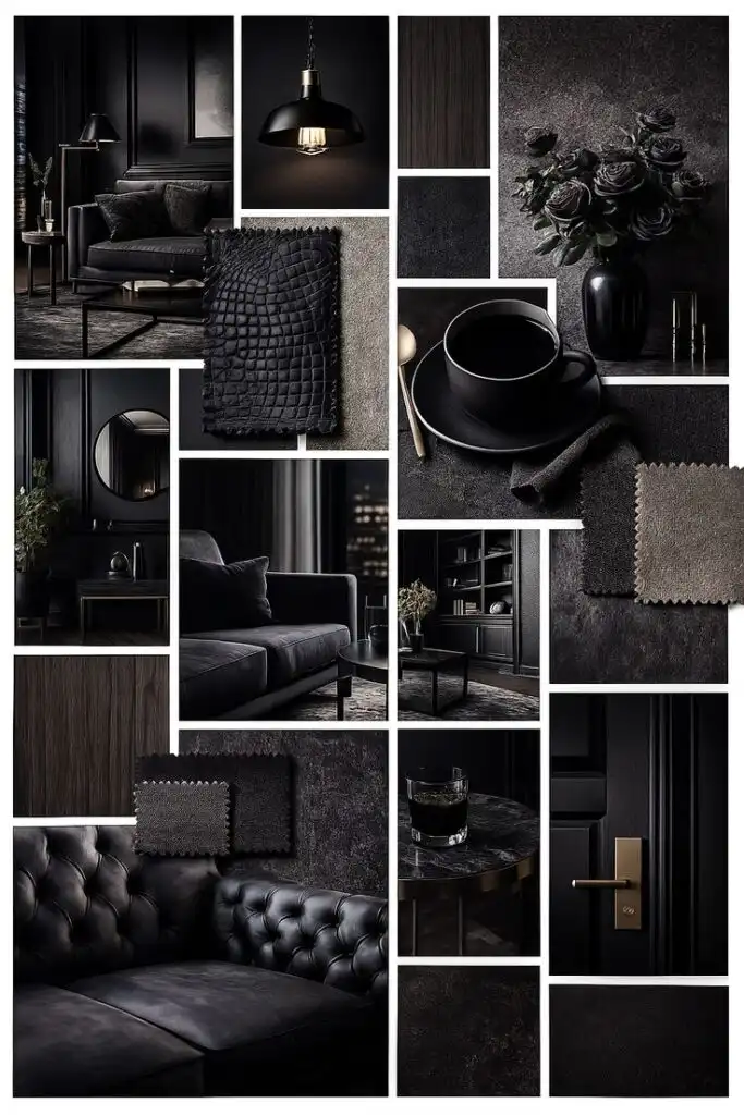 Collage of dark interior design elements: sofas, fabric samples, a cup, roses, and lighting, creating a moody and sophisticated atmosphere.