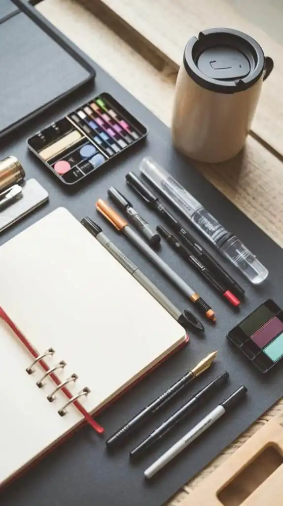 Urban Sketching_ Capture Your City One Drawing at a Time Organized art supplies on a desk including open notebook, various pens, colorful paints, and a coffee mug for creative inspiration. | Sky Rye Design Organized art supplies on a desk including open notebook, various pens, colorful paints, and a coffee mug for creative inspiration.