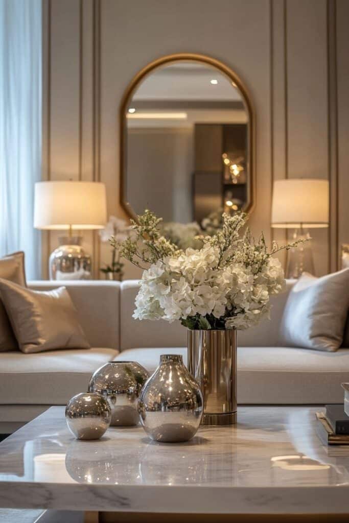 Using Metallic Accents for a Luxe Home Decor Look Elegant living room interior with chic decor featuring a marble table, metallic vases, floral centerpiece, and soft lighting ambiance. | Sky Rye Design Elegant living room interior with chic decor featuring a marble table, metallic vases, floral centerpiece, and soft lighting ambiance.