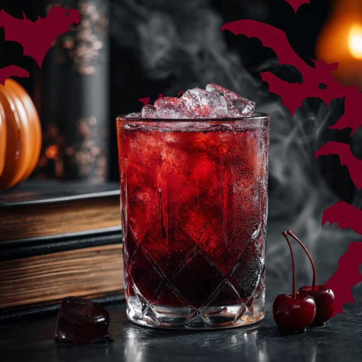 Vampires Kiss Mocktail Chilled red cocktail in a glass with ice, surrounded by Halloween decor, bats, and cherries. Spooky and refreshing drink idea. | Sky Rye Design Chilled red cocktail in a glass with ice, surrounded by Halloween decor, bats, and cherries. Spooky and refreshing drink idea.