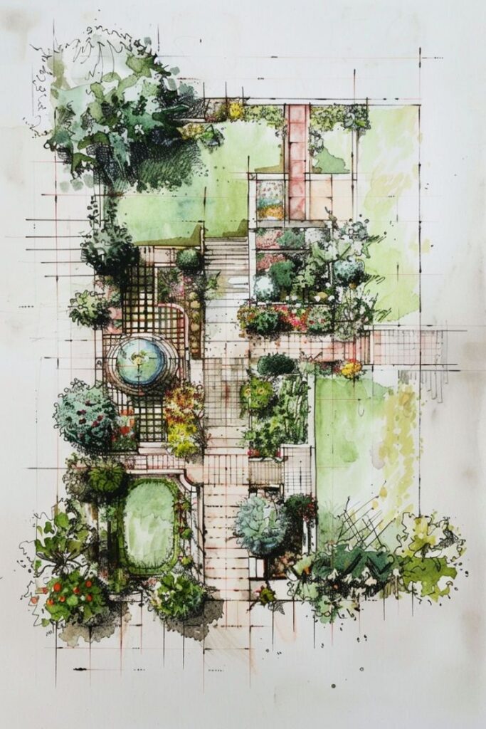 Vegetable Garden Layout Sketch Landscape architecture sketch with lush gardens and pathways, featuring vibrant greenery and a central circular fountain design. | Sky Rye Design Landscape architecture sketch with lush gardens and pathways, featuring vibrant greenery and a central circular fountain design.