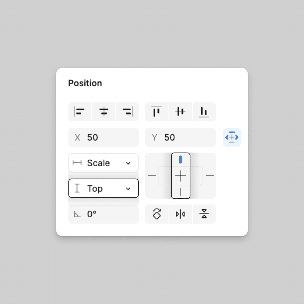Image of a position tool interface with alignment, scale, and rotation options, set to X: 50, Y: 50, and scale: top.