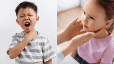 Children with sore throats; boy holding neck, girl receiving checkup. Kids health and wellness concept.