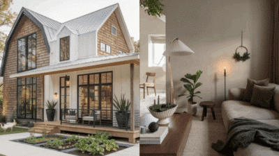 Modern farmhouse with rustic exterior and cozy living room interior, featuring greenery and minimalist decor.