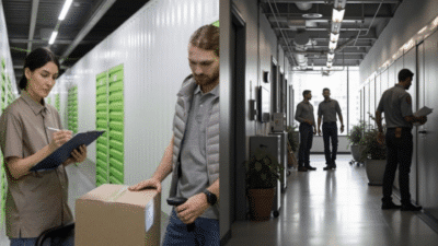 People managing packages and logistics in a modern warehouse environment, ensuring efficient operations and delivery processes.
