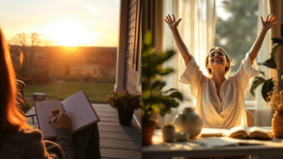 Person journaling on porch at sunrise, woman celebrating indoors with arms raised, surrounded by plants and books, morning routine concepts.
