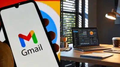 Smartphone showing Gmail app next to a laptop displaying analytics charts in a modern workspace with natural lighting.