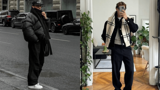 Two men showcase trendy winter fashion: one in a puffer jacket and scarf on a street, the other in a cozy cardigan indoors.