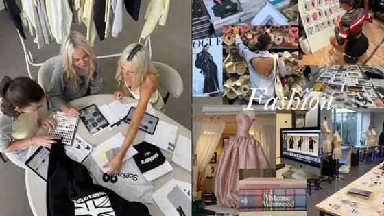 Viewing-Deck-Blog Fashion designers collaborate on new concepts and trends in a studio, surrounded by fabric samples, sketches, and clothing designs. | Sky Rye Design Fashion designers collaborate on new concepts and trends in a studio, surrounded by fabric samples, sketches, and clothing designs.