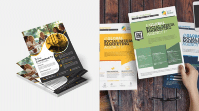 Stack of marketing agency flyers showcasing social media services on a wooden table, emphasizing global reach and strategy.