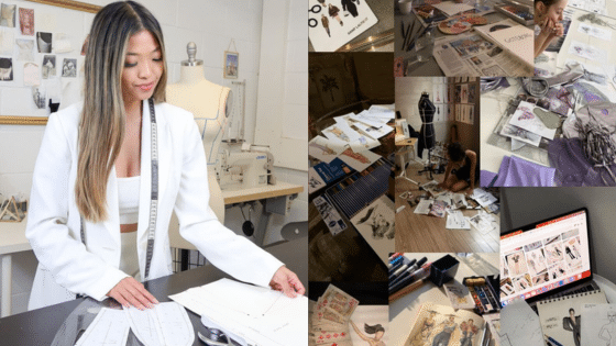 Fashion designer working on patterns in a studio surrounded by sketches, sewing machines, and design materials, showcasing creativity.