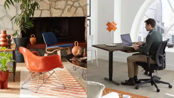 Modern home and office spaces with stylish furniture: a cozy living room and a professional workspace with a man working at a desk.