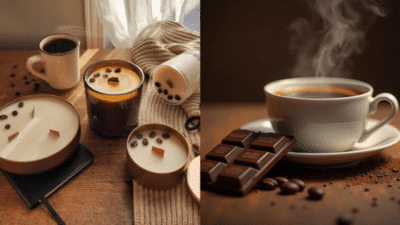 Cozy coffee setup with steaming mugs, scattered beans, rich chocolate, and a warm knitted scarf on a wooden table, perfect for winter.