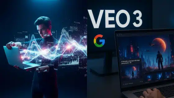 Viewing-Deck-Blog Man analyzing data on a laptop with futuristic graphics; VEO 3 displayed on a screen, and digital art shown on another laptop. | Sky Rye Design Man analyzing data on a laptop with futuristic graphics; VEO 3 displayed on a screen, and digital art shown on another laptop.