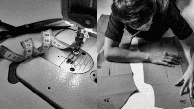Sewing machine with measuring tape and person drafting garment patterns. Tailoring tools and techniques for fashion design and crafting.
