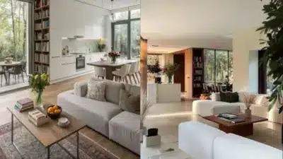 Modern living spaces with large windows, cozy sofas, and kitchen detailing, showcasing elegant interior design and natural light.