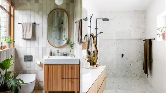 Viewing-Deck-Blog Modern bathroom designs with wood accents and plants. Features glass shower, elegant sink, and neutral tiles for a stylish, natural look. | Sky Rye Design Modern bathroom designs with wood accents and plants. Features glass shower, elegant sink, and neutral tiles for a stylish, natural look.