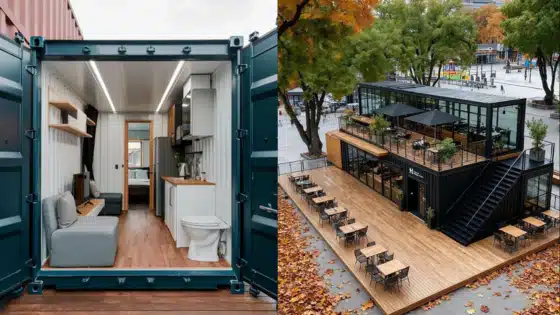 Viewing-Deck-Blog Modern shipping container home interior with cozy furnishings and a stylish two-story container cafe with outdoor seating in an urban setting. | Sky Rye Design Modern shipping container home interior with cozy furnishings and a stylish two-story container cafe with outdoor seating in an urban setting.