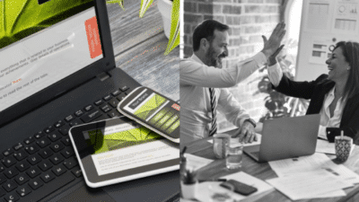 Laptop, tablet, and phone displaying web content; two professionals celebrating with a high-five in an office setting.