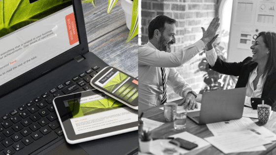 Viewing Deck Blog 2 Laptop, tablet, and phone displaying web content; two professionals celebrating with a high-five in an office setting. | Sky Rye Design Laptop, tablet, and phone displaying web content; two professionals celebrating with a high-five in an office setting.