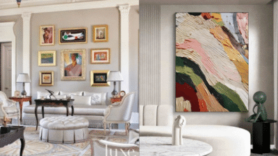 Elegant living rooms with eclectic art, featuring classic and abstract paintings, luxurious furniture, and sophisticated decor.