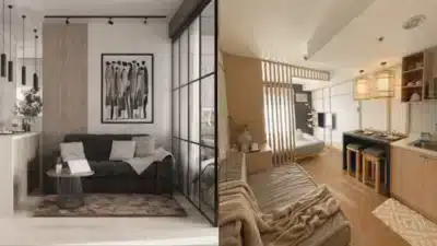 Modern apartment interiors with minimalist decor; one room features a cozy living space, the other a compact kitchen and dining area.