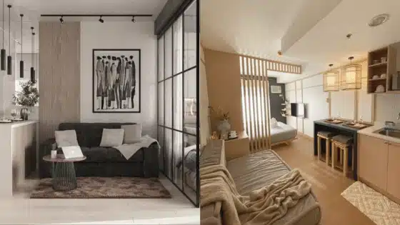 Viewing-Deck-Blog-2-3 Modern apartment interiors with minimalist decor; one room features a cozy living space, the other a compact kitchen and dining area. | Sky Rye Design Modern apartment interiors with minimalist decor; one room features a cozy living space, the other a compact kitchen and dining area.