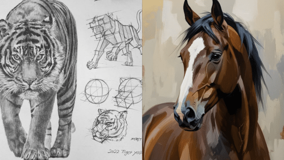 Tiger sketch with geometric guides and a digital painting of a horse side by side, showcasing artistic techniques and animal portraits.