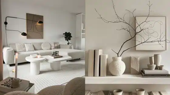 Viewing-Deck-Blog Minimalist living room with neutral tones, modern furniture, abstract art, and decorative branches. Cozy ambiance with soft lighting. | Sky Rye Design Minimalist living room with neutral tones, modern furniture, abstract art, and decorative branches. Cozy ambiance with soft lighting.