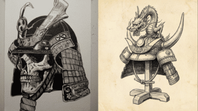Intricate ink drawings of samurai armor: one with a skull face, the other with a dragon head. Detailed and artistic presentation.