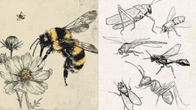 Illustration of a bumblebee on a flower, with detailed sketches of various insects like grasshoppers, flies, and ants on the right side.