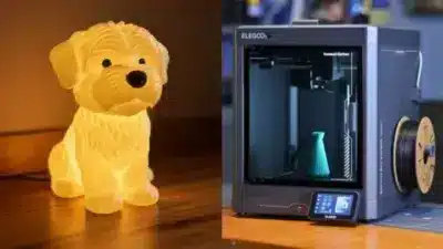 Cute dog-shaped lamp glowing on the left, next to a 3D printer in action creating a model on the right.