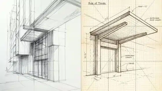 Viewing-Deck-Blog-2025-12-17T205233311 1 Architectural sketches of a modern building facade and entrance, demonstrating perspective and the rule of thirds design principle. | Sky Rye Design Architectural sketches of a modern building facade and entrance, demonstrating perspective and the rule of thirds design principle.
