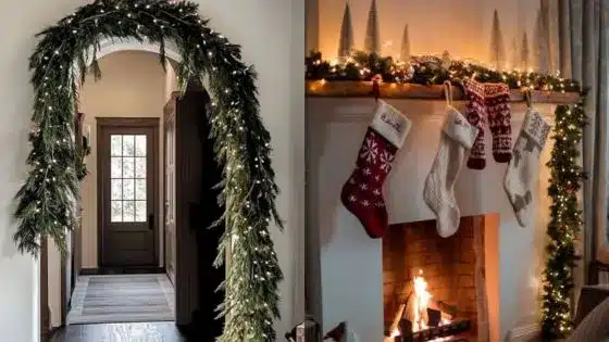 Viewing-Deck-Blog-2025-12-17T212438386 Festive holiday decor with a garland archway and fireplace mantel adorned with stockings and soft lights for a cozy Christmas ambiance. | Sky Rye Design Festive holiday decor with a garland archway and fireplace mantel adorned with stockings and soft lights for a cozy Christmas ambiance.