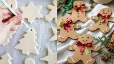 Homemade Christmas cookies: raw dough cutouts with a tree pattern on the left, and decorated gingerbread men with bows on the right.